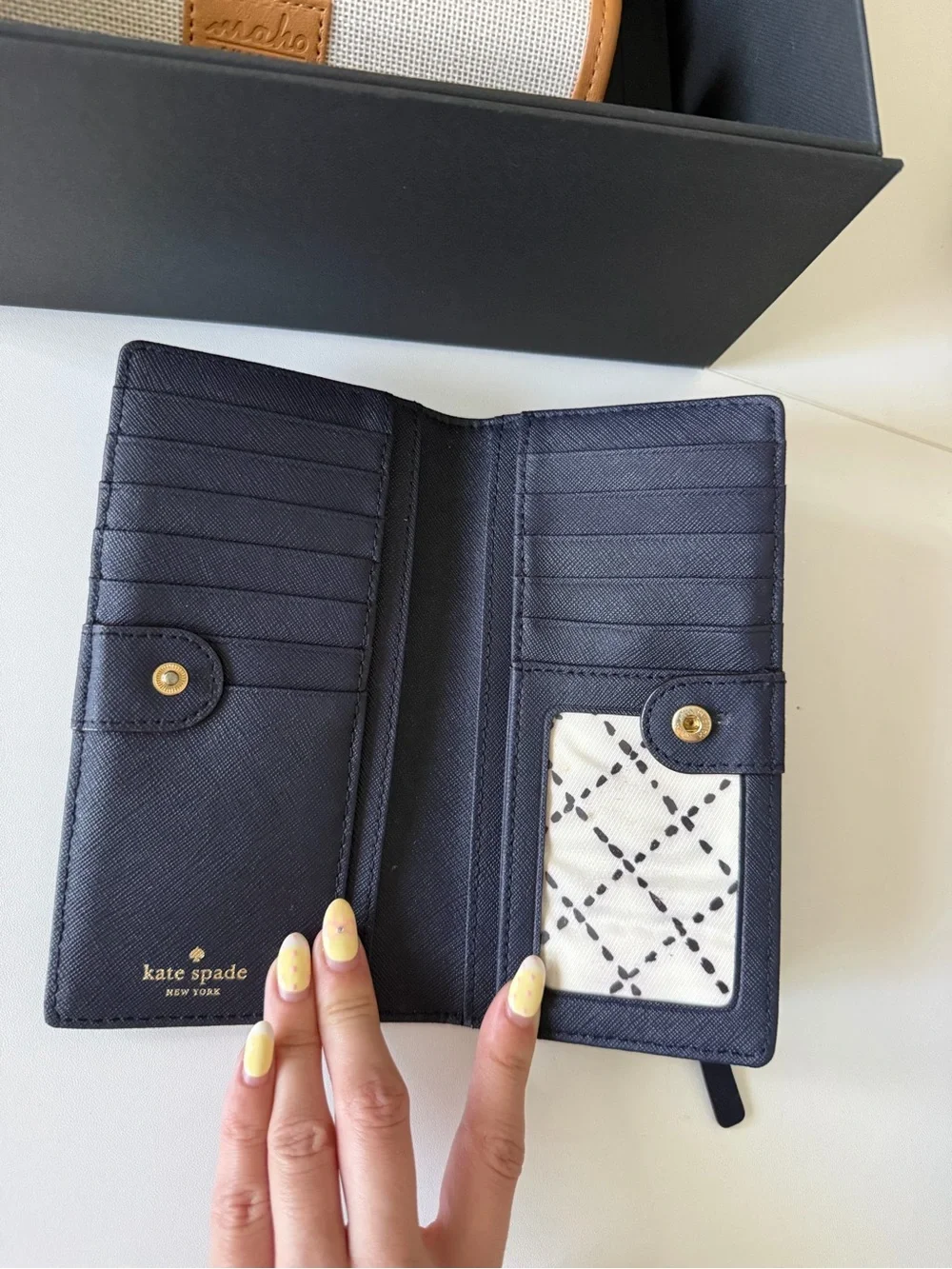kate spade navy saffiano zip card case with gold logo